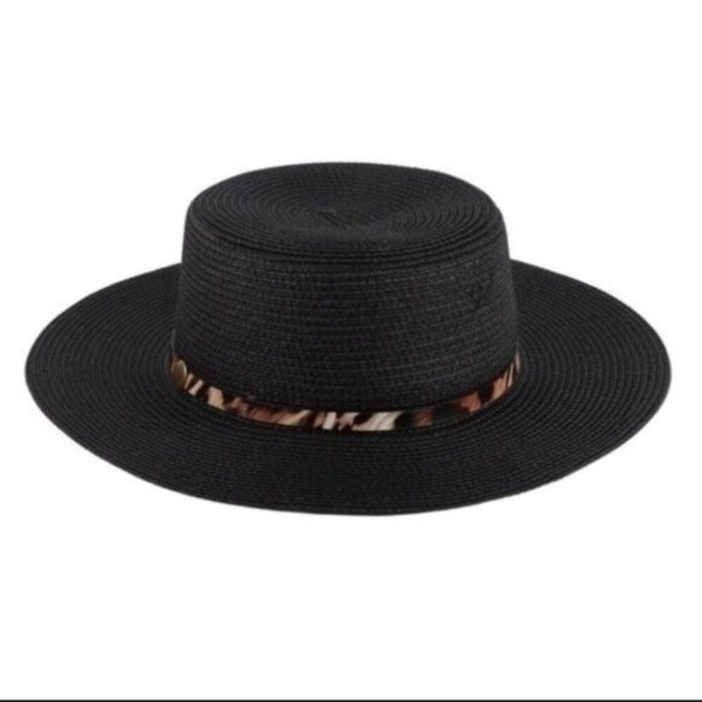Black Straw Boater Hat With Wide Brim & Animal Print Band Lightweight & Chic Des